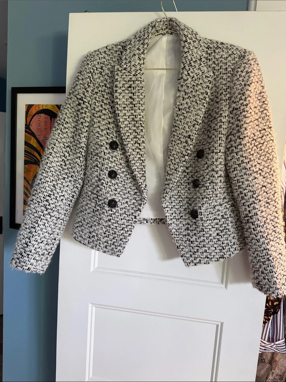Noli Black & White Tweed Cropped Double-Breasted Blazer